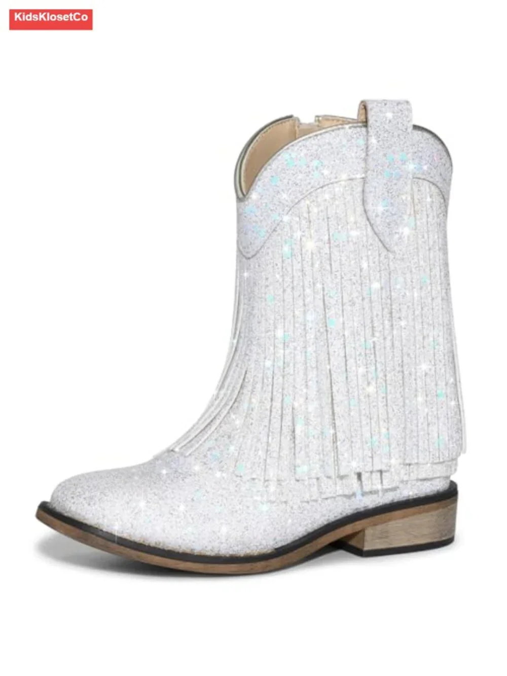 Girls Sparkle Fringe Cowboy Boots Square Toe Pull-On Zipper Kids Boots Party